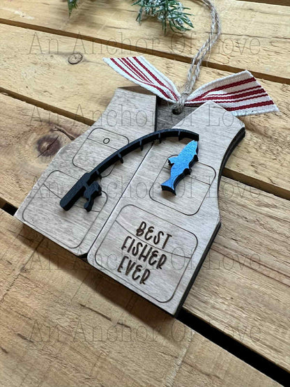 Personalized Christmas Fishing Ornament – Hand Painted, wooden Christmas ornament