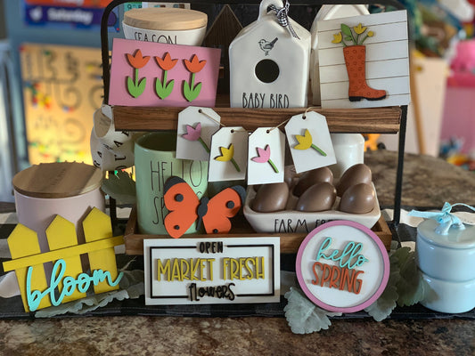 Spring themed tiered tray decor