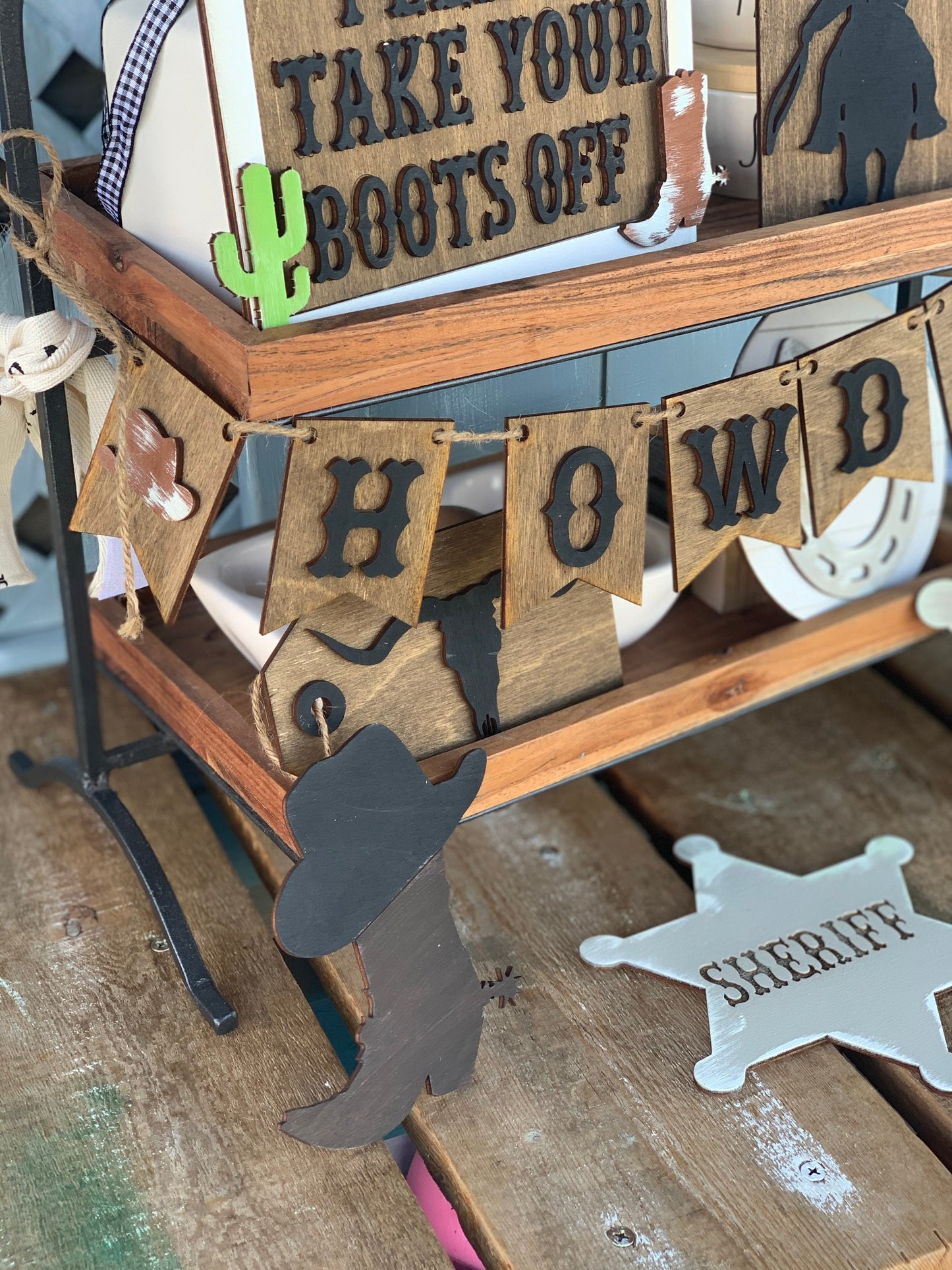 Cow boy themed tiered tray decor