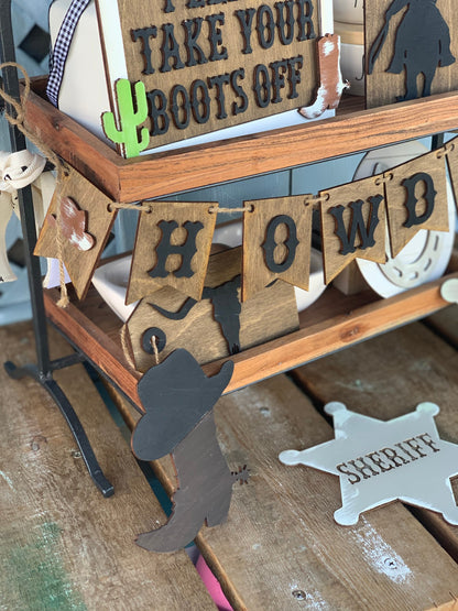 Cow boy themed tiered tray decor