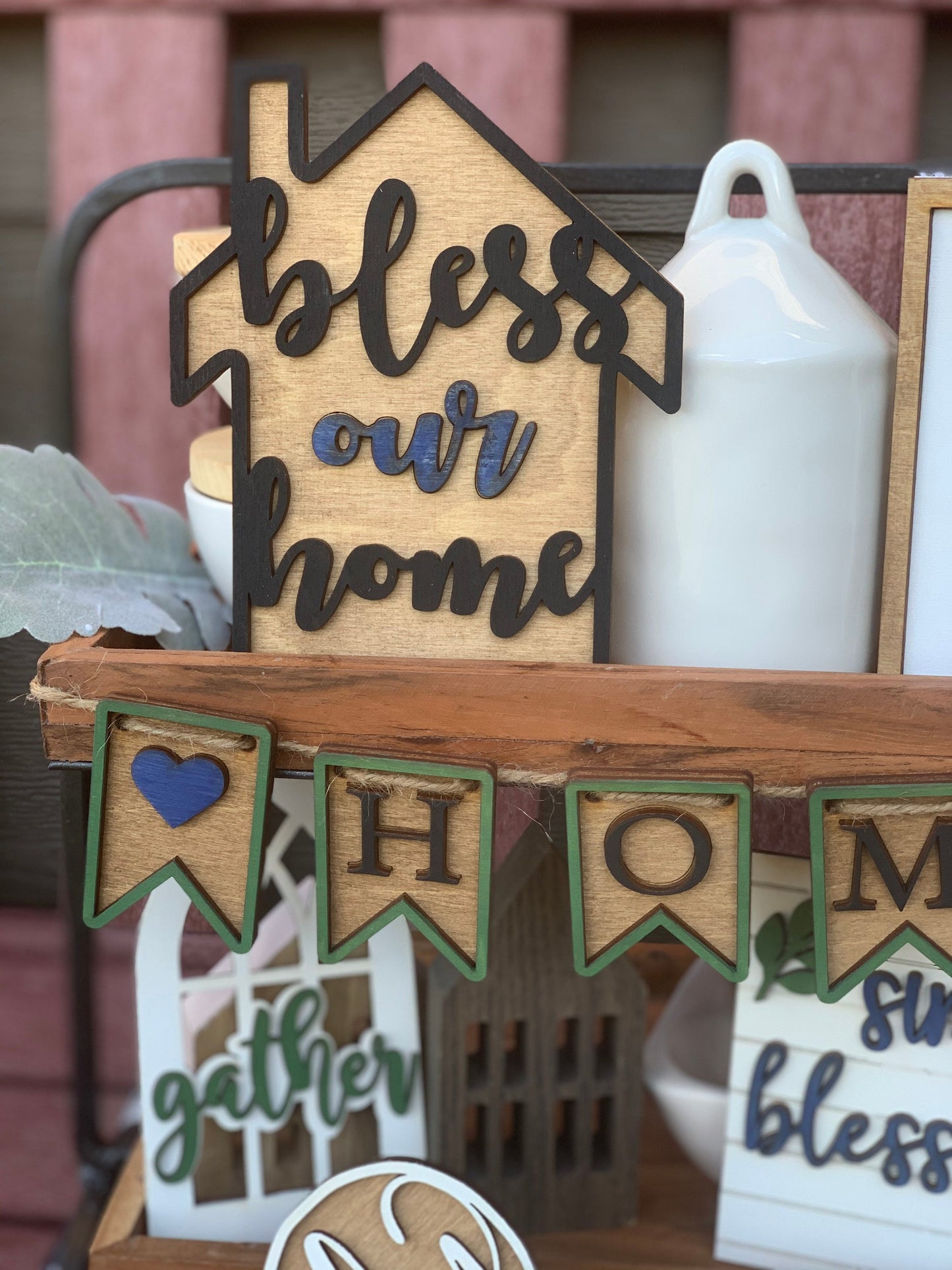 Farmhouse themed tiered tray decor