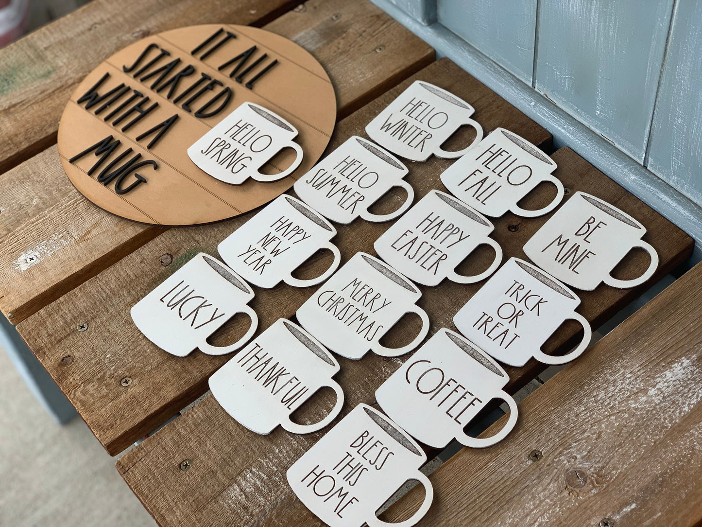 Rae Dunn inspired wall hanging with interchangeable mugs
