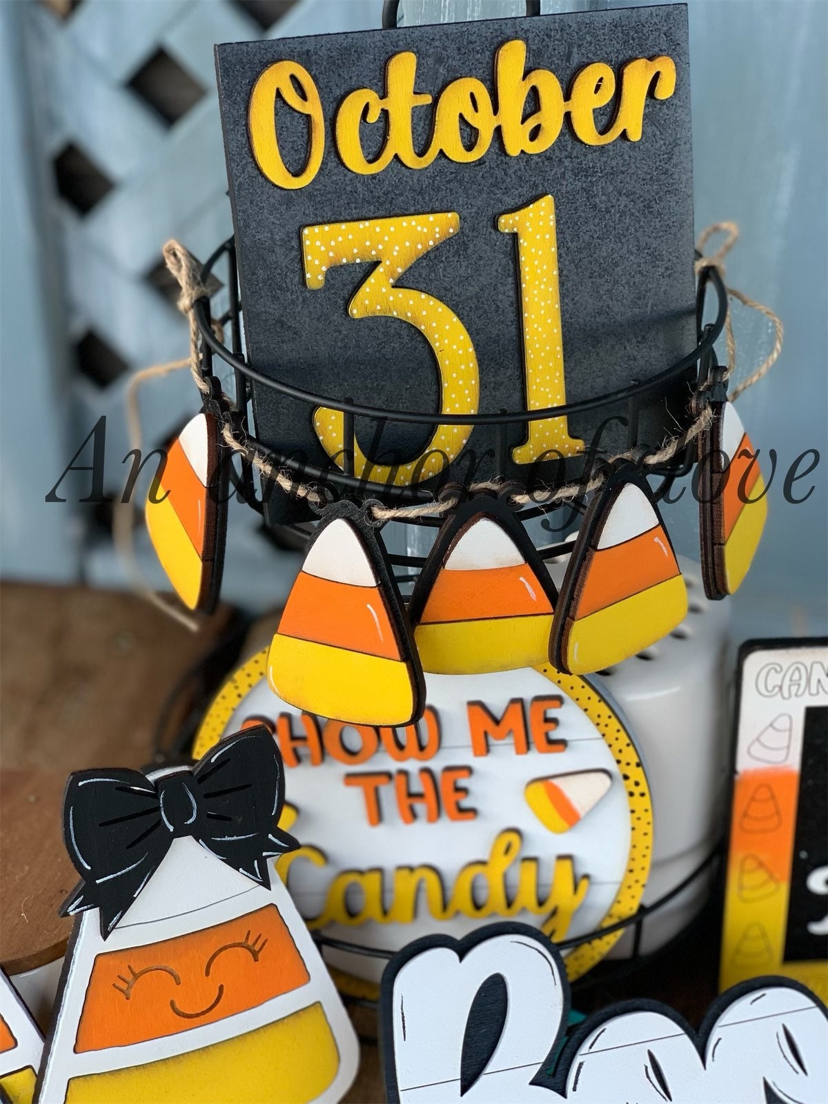7 piece candy corn spooky tiered tray set | individual pieces | full tiered tray set |
