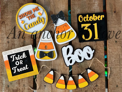 7 piece candy corn spooky tiered tray set | individual pieces | full tiered tray set |