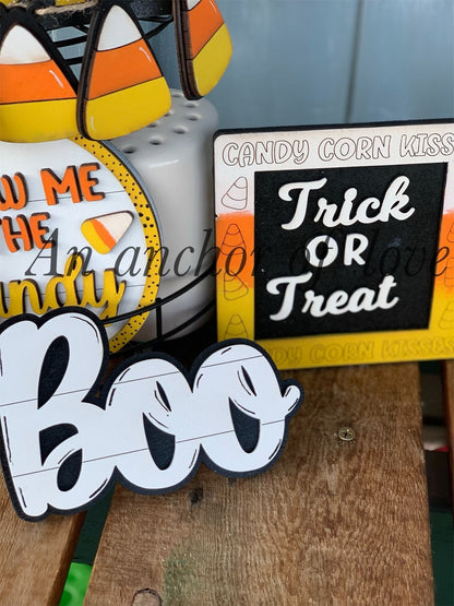 7 piece candy corn spooky tiered tray set | individual pieces | full tiered tray set |