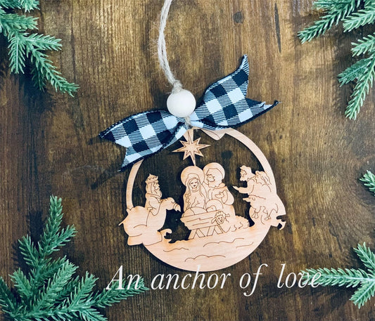 Wooden Nativity O Holy Night Christmas Ornament
