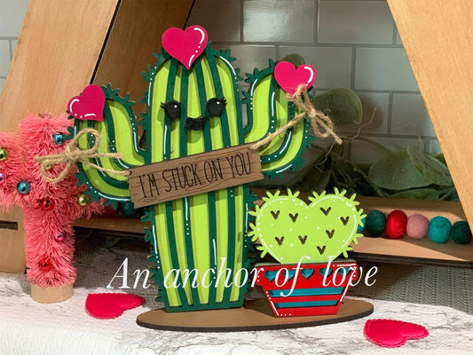 I'm stuck on you cactus shelf sitter - Valentine's Day Decor - Cactus Lovers- I'm a succa for you