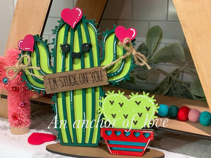 I'm stuck on you cactus shelf sitter - Valentine's Day Decor - Cactus Lovers- I'm a succa for you
