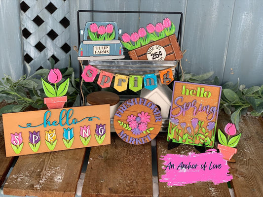 Spring themed tulip tiered tray set-individual pieces, full painted set, full diy set available