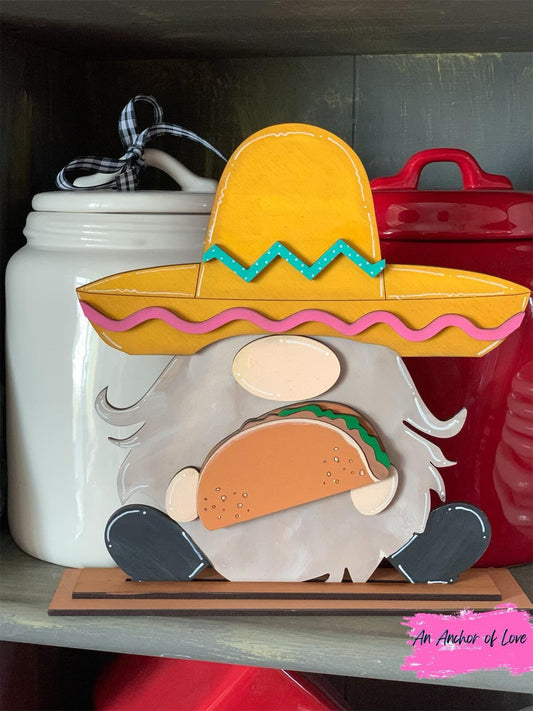 Fiesta taco holding standing gnome- Cinco De Mayo decor- Standing Gnome sign