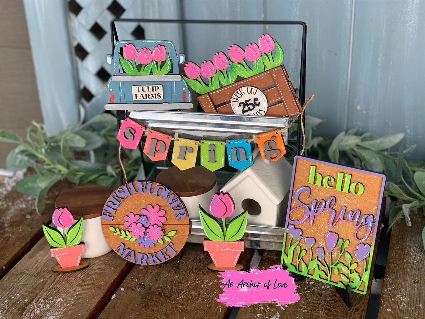 Spring themed tulip tiered tray set-individual pieces, full painted set, full diy set available