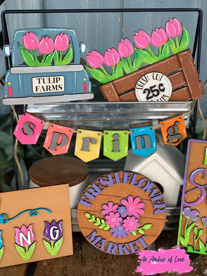 Spring themed tulip tiered tray set-individual pieces, full painted set, full diy set available