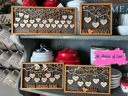 Hanging Hearts Family Frame, Gift for Mom, Gift for Grandma, Family Tree Gift- many sayings available