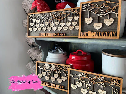 Hanging Hearts Family Frame, Gift for Mom, Gift for Grandma, Family Tree Gift- many sayings available