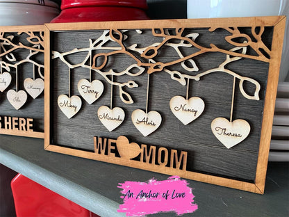 Hanging Hearts Family Frame, Gift for Mom, Gift for Grandma, Family Tree Gift- many sayings available