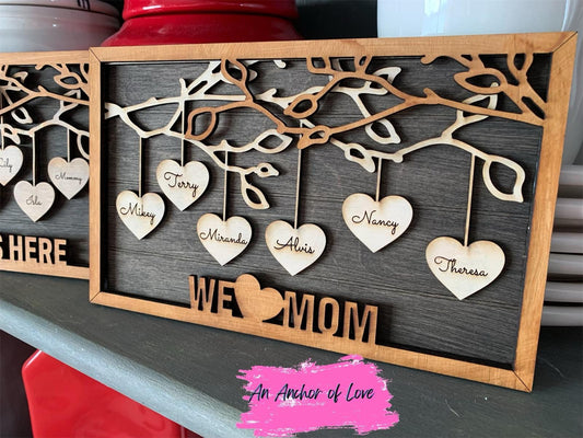 Hanging Hearts Family Frame, Gift for Mom, Gift for Grandma, Family Tree Gift- many sayings available
