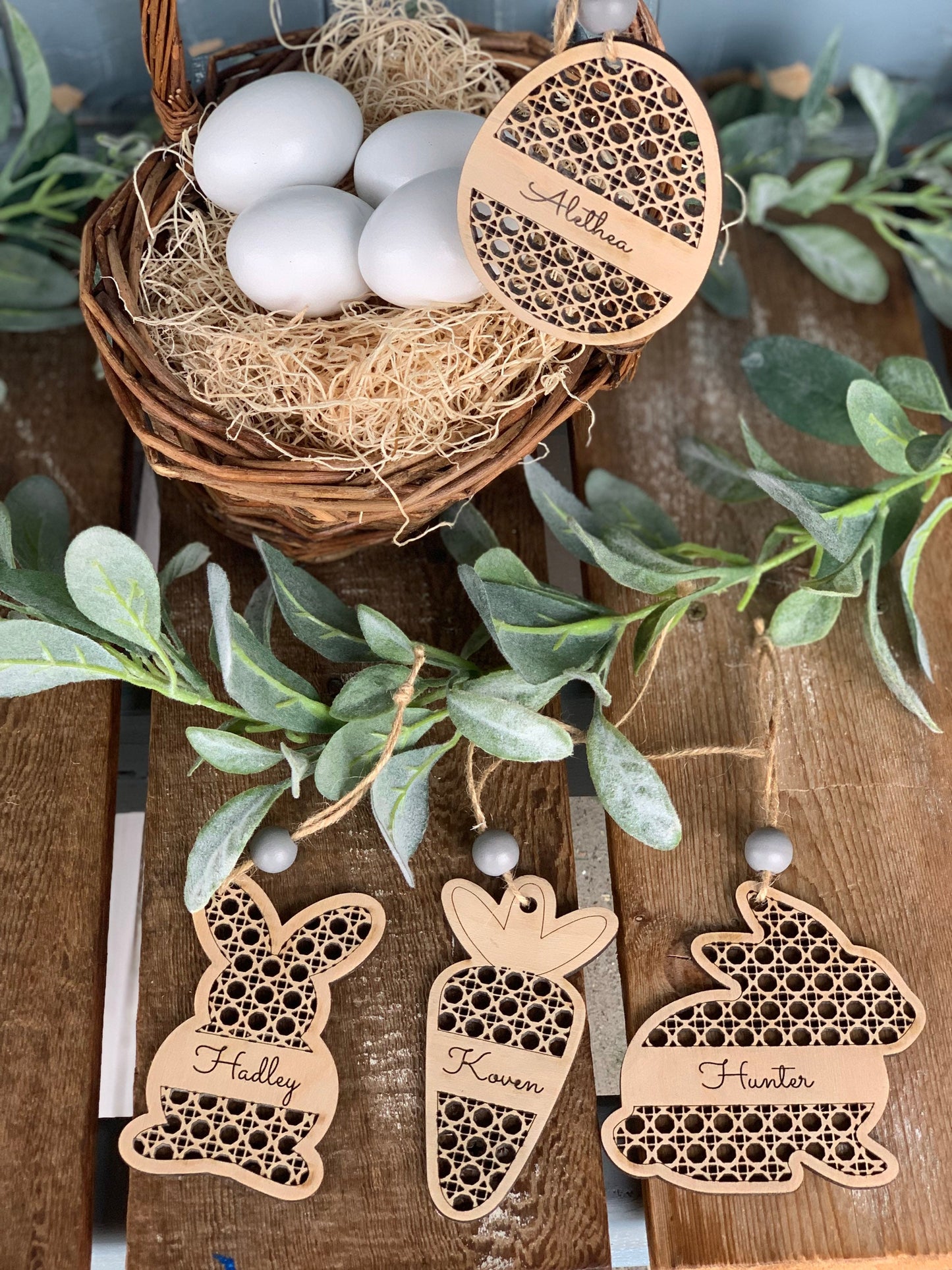 Rattan Easter basket tags-four styles to choose from - natural wood- personalized Easter tags