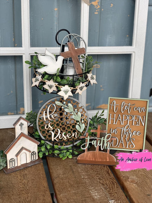 He is risen Eater themed tiered tray decor-religious Easter themed tiered tray decor-full set, DIY and individual pieces available