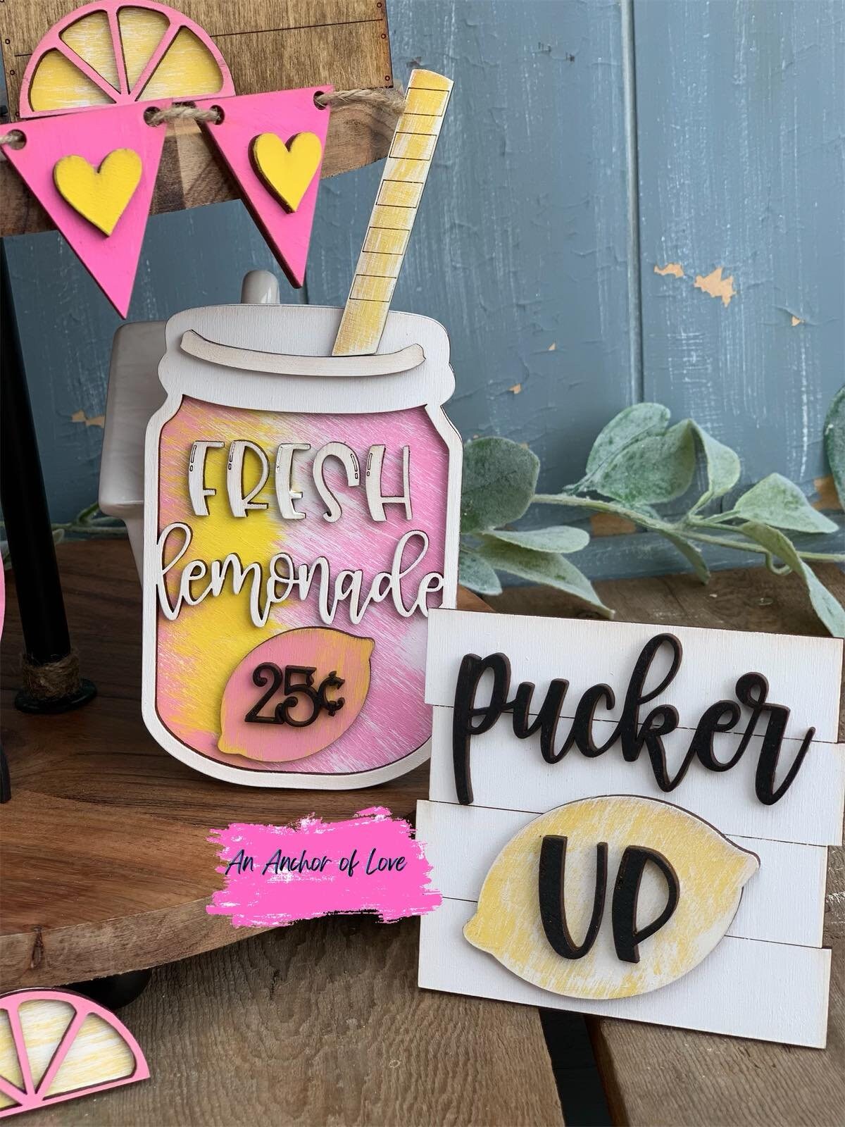 Pink Lemonade Tiered Tray Decor- Lemonade Tiered Tray decor-Tiered Tray Decor-Lemons-Kitchen Decor-