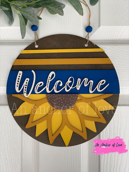 Sunflower Door Round-Sunflower decor-Blue and Yellow Sunflower Decor-Summer Sunflower Decor-Welcome Sunflower Decor