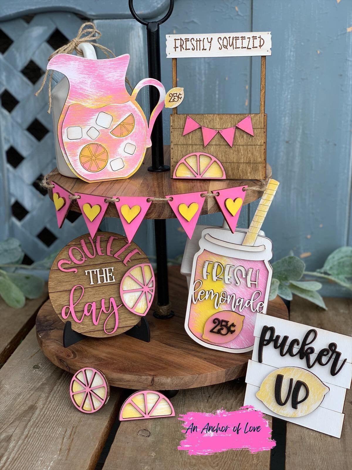 Pink Lemonade Tiered Tray Decor- Lemonade Tiered Tray decor-Tiered Tray Decor-Lemons-Kitchen Decor-