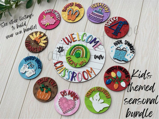 Complete set 12 piece set -Welcome to our classroom kids themed seasonal sign; back to school; teacher appreciation; school