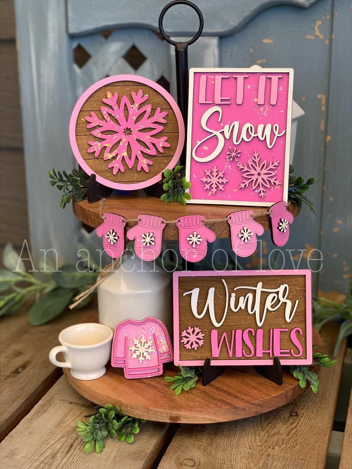 Pink Christmas Tiered Tray Decor-Pink Christmas Decorations-Pink Christmas