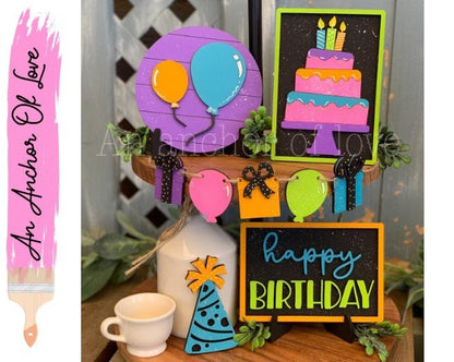 happy birthday tiered tray decor-neon happy birthday decor-birthday decor