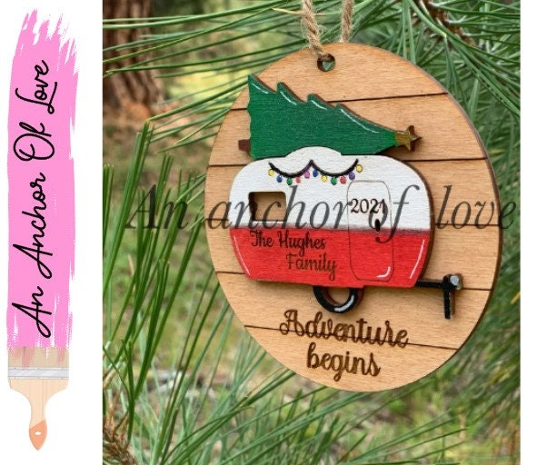 Adventure awaits camping themed Christmas ornament, personalized, Christmas