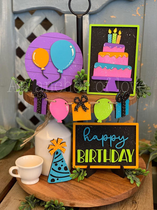 happy birthday tiered tray decor-neon happy birthday decor-birthday decor