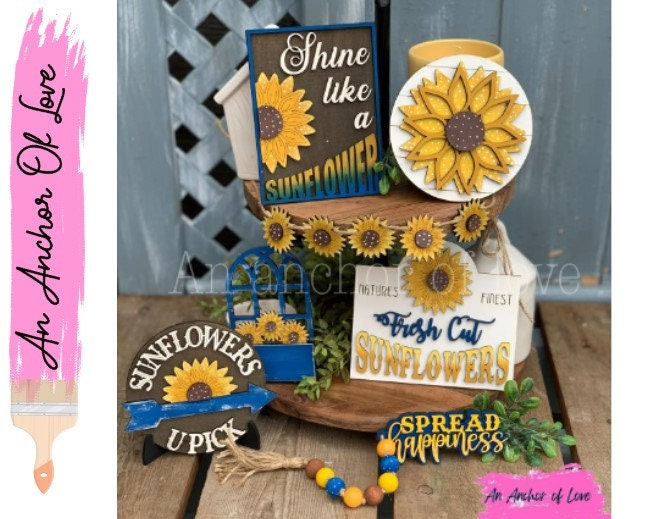 Sunflower Tiered Tray Decor-Yellow and Blue Sunflowers-Tiered Tray Decor- Kitchen Decor