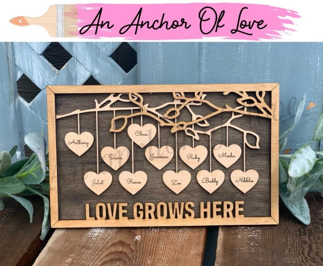 Hanging Hearts Family Frame, Gift for Mom, Gift for Grandma, Family Tree Gift- many sayings available