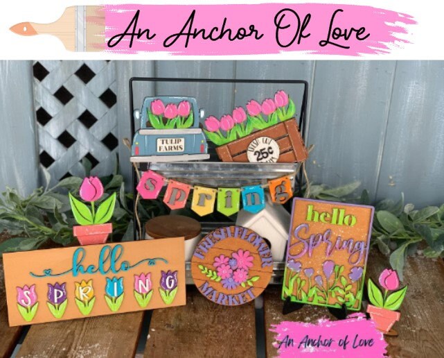 Spring themed tulip tiered tray set-individual pieces, full painted set, full diy set available