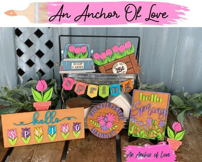 Spring themed tulip tiered tray set-individual pieces, full painted set, full diy set available