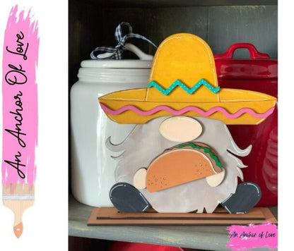 Fiesta taco holding standing gnome- Cinco De Mayo decor- Standing Gnome sign