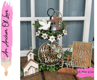 He is risen Eater themed tiered tray decor-religious Easter themed tiered tray decor-full set, DIY and individual pieces available