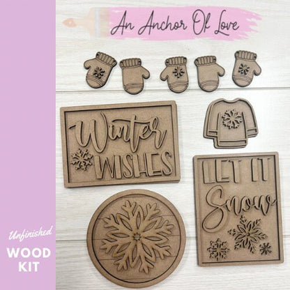 Winter Wishes DIY Paint Kit | Winter Tiered Tray Laser Cut Wood Blanks | Holiday DIY Kits