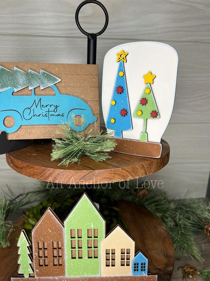 Simple winter Boho  tiered tray decor- Rustic Christmas