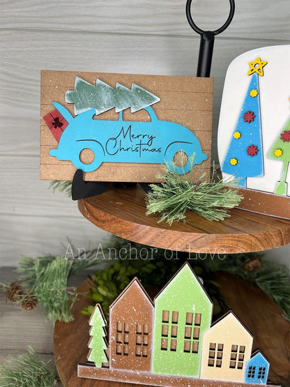 Simple winter Boho  tiered tray decor- Rustic Christmas