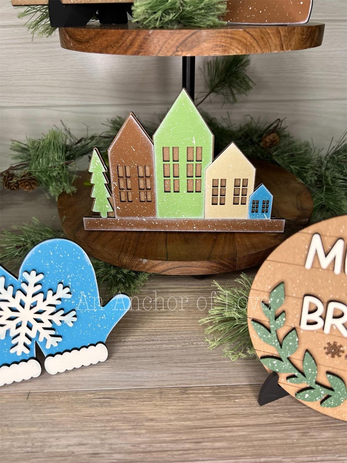 Simple winter Boho  tiered tray decor- Rustic Christmas