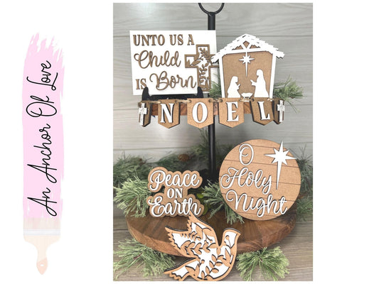 Simple winter Nativity Themed  tiered tray decor- Rustic Christmas