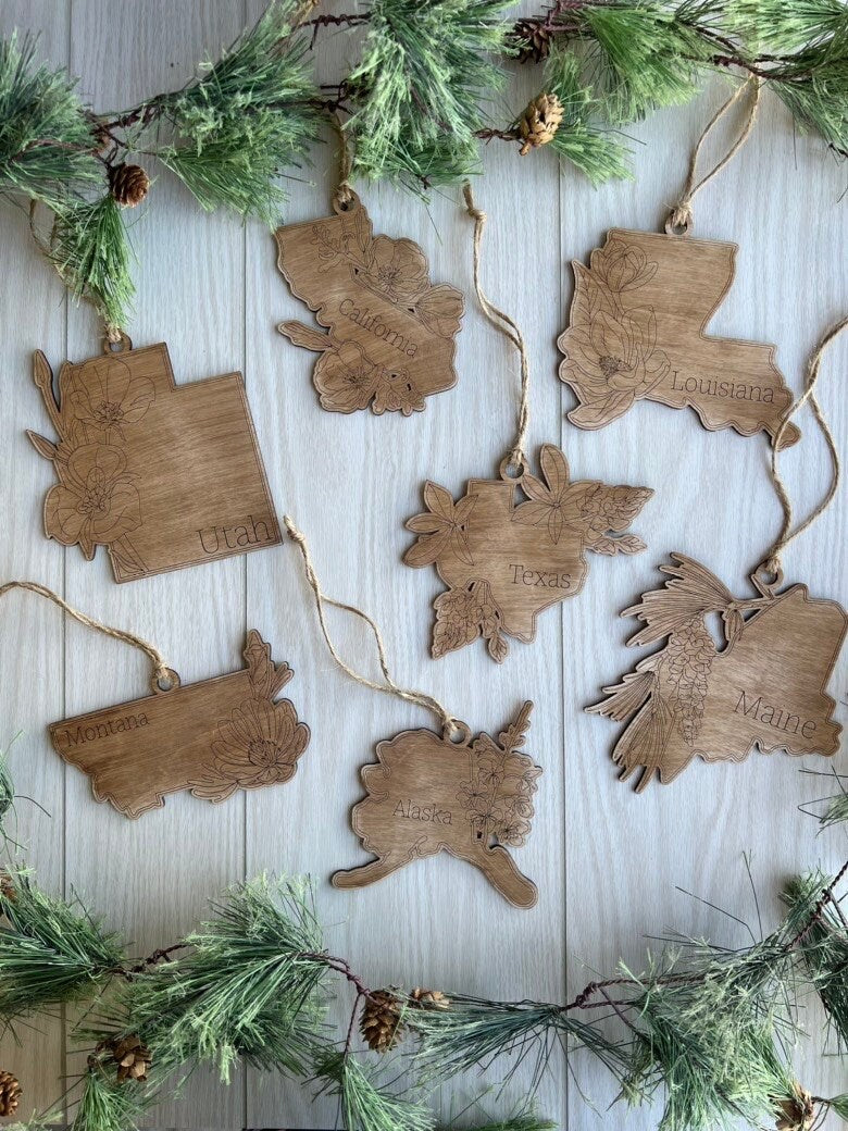 Individual State Ornaments -Distressed wooden state ornaments- Holiday Home State Ornaments