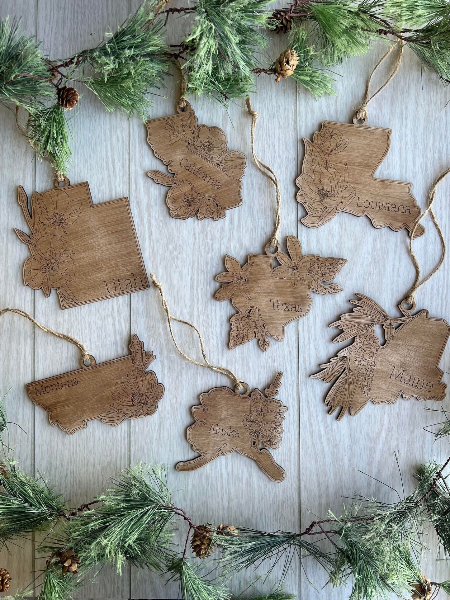 Individual State Ornaments -Distressed wooden state ornaments- Holiday Home State Ornaments