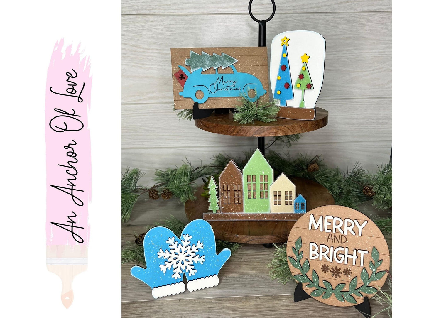 Simple winter Boho  tiered tray decor- Rustic Christmas