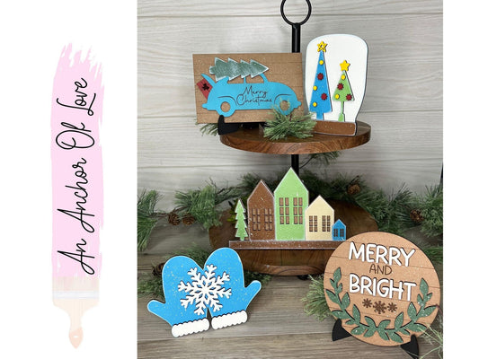 Simple winter Boho  tiered tray decor- Rustic Christmas