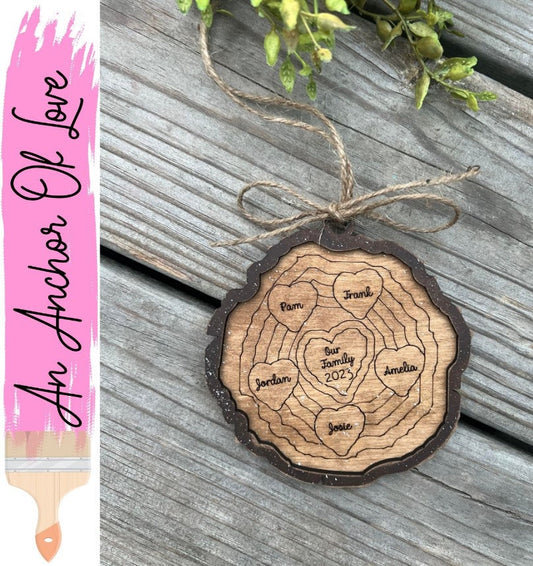 Personalized family tree slice Christmas ornament / 2023 Christmas ornament /-up to 6 names
