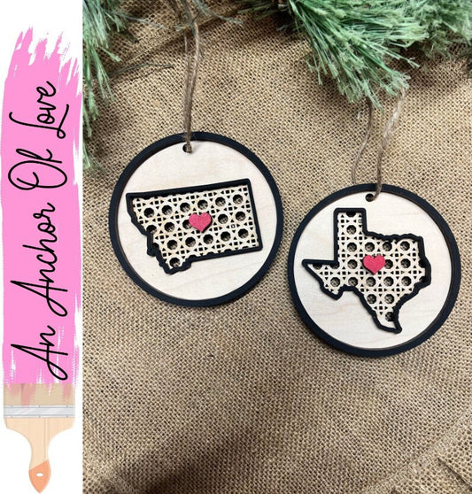 Individual State Ornaments -Rattan Style State Shaped Christmas Ornaments- Holiday Home State Ornaments