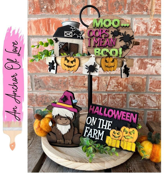 Halloween on the Farm Highland Cow Tiered Tray Set