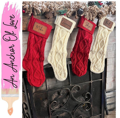 Personalized Christmas Stocking, Custom Family Stockings, Laser Engraved Christmas Stockings, Leather Patch Name Stockings, Mantle Decor