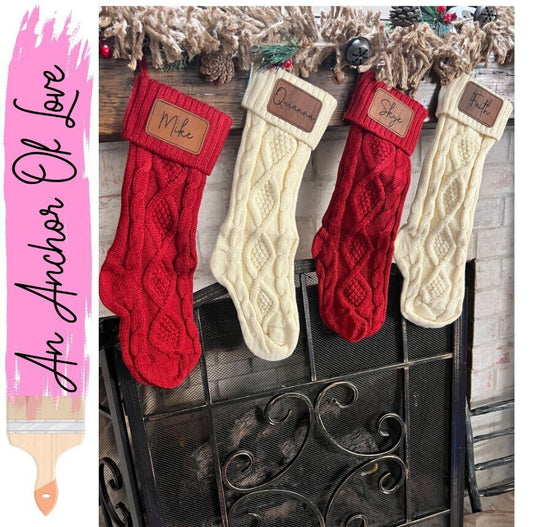 Personalized Christmas Stocking, Custom Family Stockings, Laser Engraved Christmas Stockings, Leather Patch Name Stockings, Mantle Decor